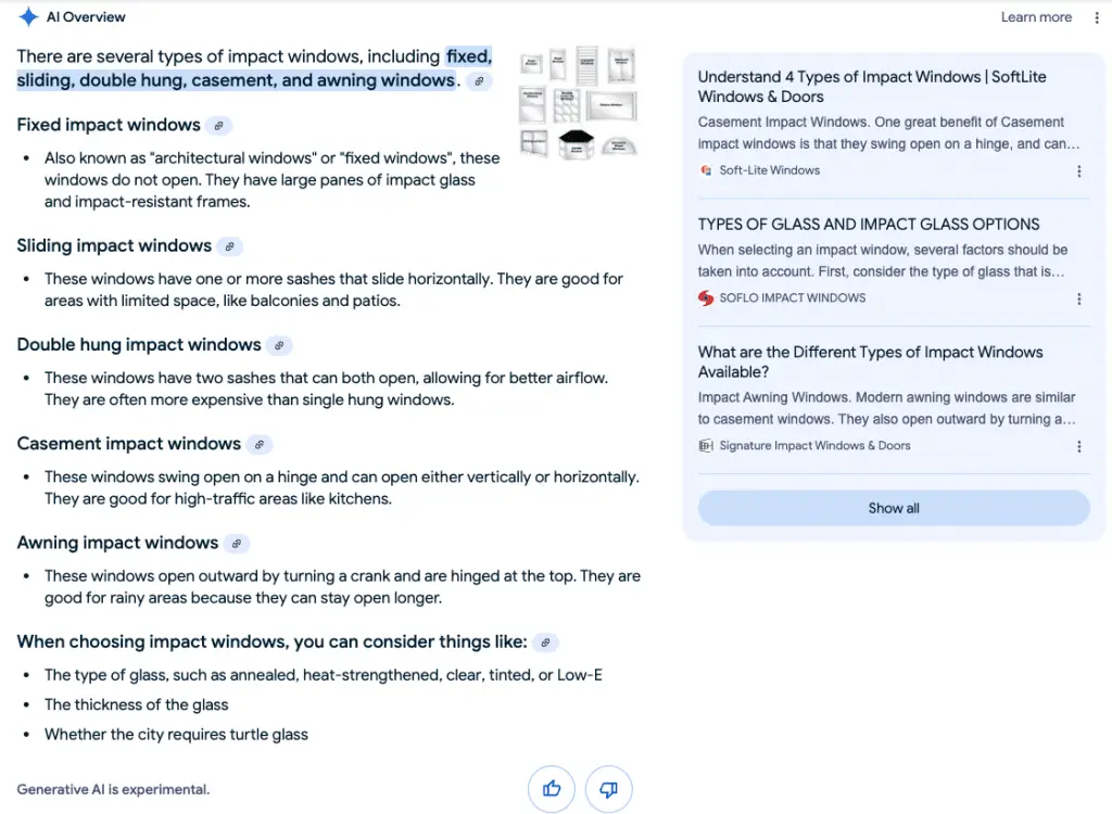 Screenshot of an AI overview about types of impact windows